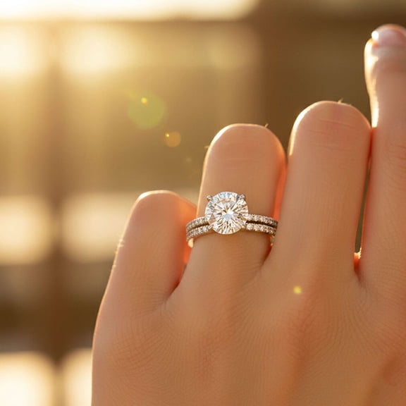 vylahjewellery Round Cut Moissanite Diamond Engagement Ring Set for Women 4 Prong Solitaire with Pave Anniversary Gift Band Vermeil White Gold Wedding Bridal Ring Set