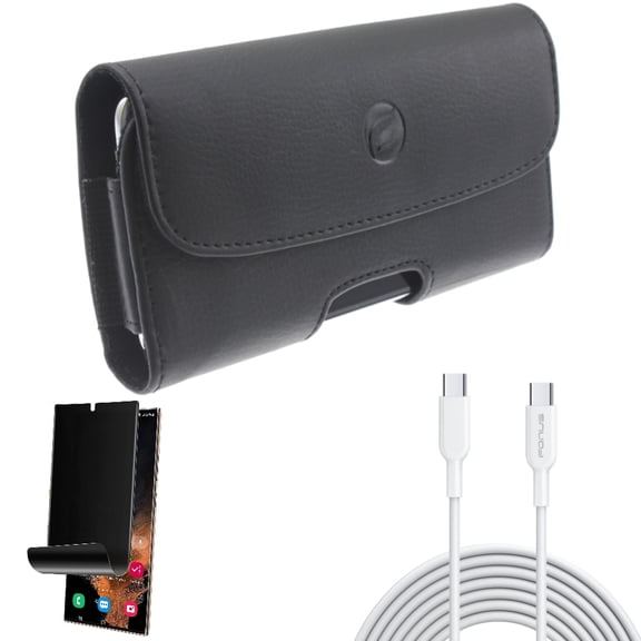 Case Belt Clip & 10ft Long Type-C Cable & Privacy Screen Protector for Samsung Galaxy S22 Ultra (6.8") - Combo Leather Holster Cover & Fast Charger Cord PD Power & TPU Film (Fingerprint) Anti-Peep