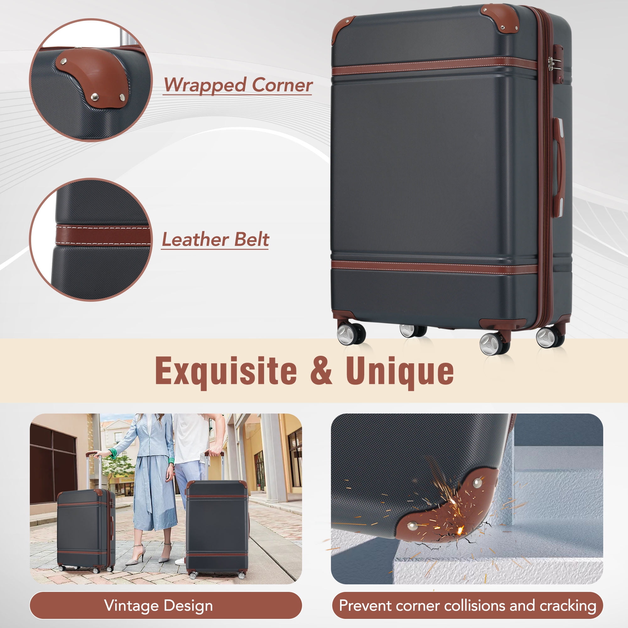 MAYEERTY 3-Piece Retro Hardshell Luggage Set with TSA Lock for Travel, 20"+24"Lightweight Suitcases & Cosmetic Case