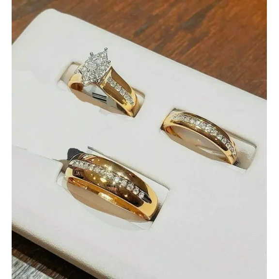 3Ct Round Lab Created Diamond Wedding His-Her Trio Engagement Ring Set 14K Yellow Gold Plated Silver