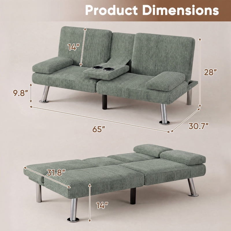 Lacoo Futon Sofa Bed, Corduroy Convertible Couch Sleeper Sofa, Cup Holders, Small Spaces,Green