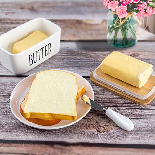 Wide Covered Butter Tray Holder Perfect for East West Coast Butter White Ceramic Butter Container with Handle Cover Design Hasense Butter Dish with Lid Stripes Embossed Design 