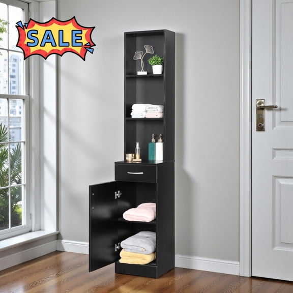 Tcbosik 70" Tall Storage Cabinet with Door and Drawer, Narrow Bathroom Cabinet, Floor Standing Cabinet for Living Room, Entryway, Kitchen, Black