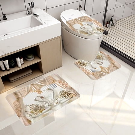Zxsyw 3Pcs Luxury Swan Bathroom Set - Bath Mat, Rugs, and Toilet Lid Cover for Elegant Bathroom Decor, Shower Accessories, and Home Decoration - Perfect for Stylish Home Decor