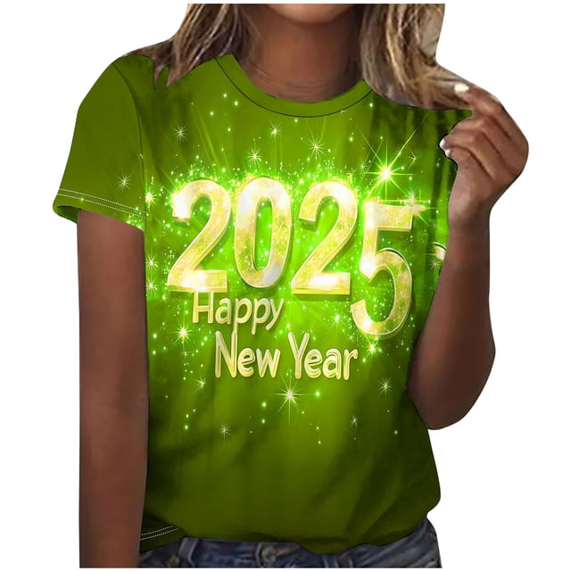 Camisetas Casuales de Mujer Año Nuevo Impreso Suéter de Manga Corta Cuello Redondo, Top de Moda para el Uso Diario