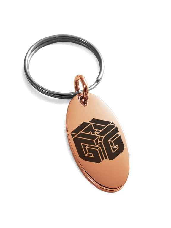 Stainless Steel Letter G Initial 3D Cube Box Monogram Engraved Small Oval Charm Keychain Keyring