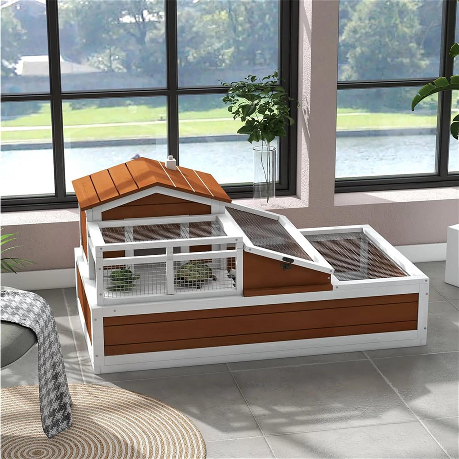 resenkos 44" Wooden 3-Room Tortoise House with Balcony & 2 Stories, Reptile Cage Enclosure for Turtles, Lizards, Snakes, Small Animal Habitats, Brown