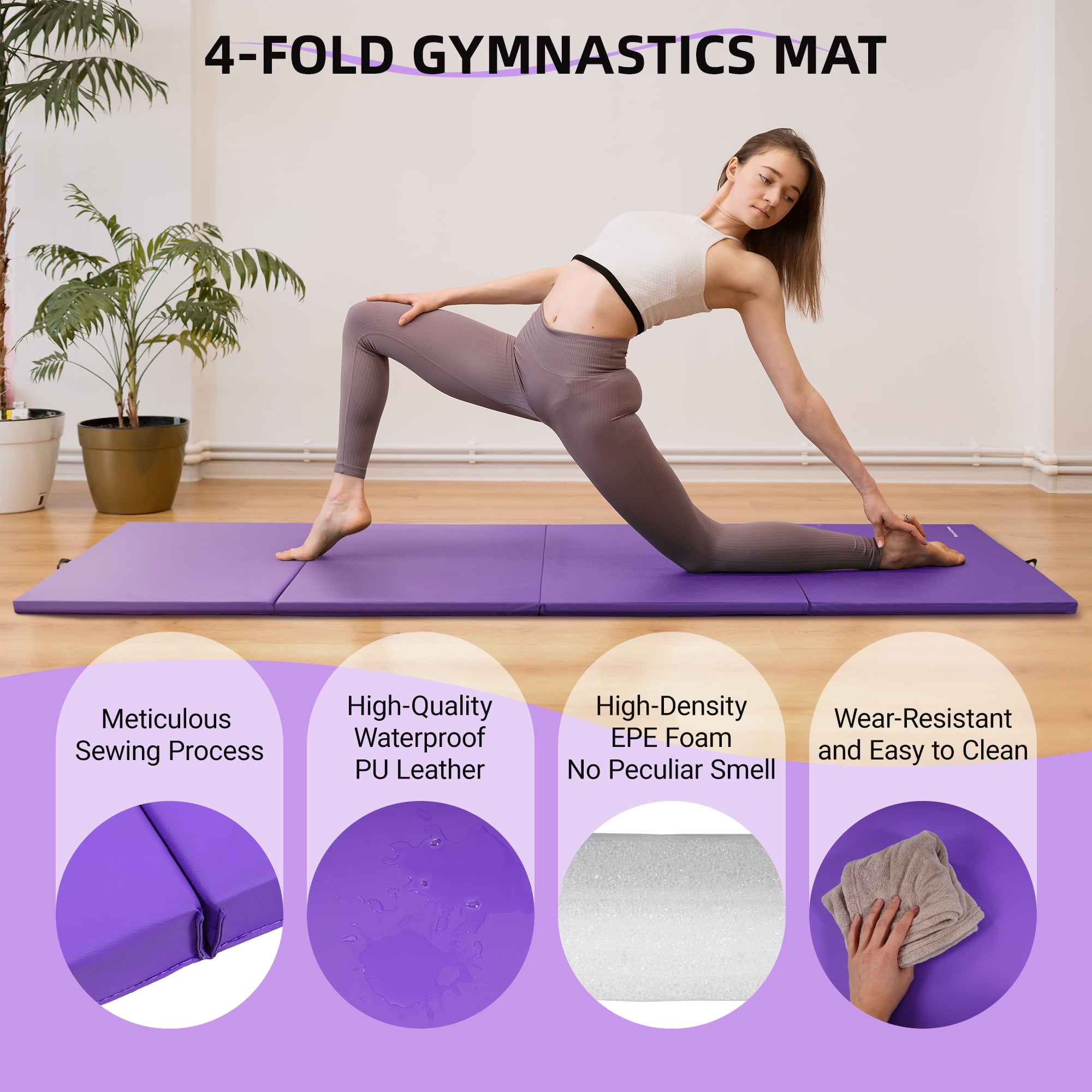 Signature Fitness 4ft x 10ft x 3in Folding Gymnastics Mat, 4-Panel Extra Thick Exercise Mat with Handles, PVC Leather + EPE Foam, Multiple Colors
