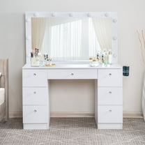 Naomi Home Vera Makeup Deluxe Vanity Table Set, 7 Drawers, 11 Lights, Oversized Mirror, White