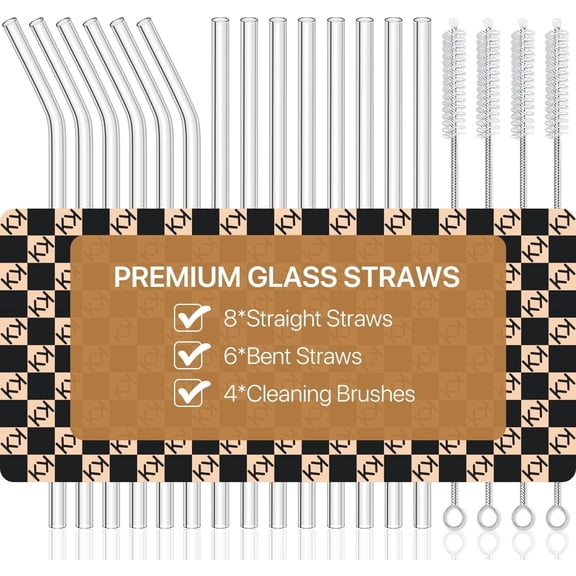 18-Pack Glass Straws, Reusable Clear Glass Drinking Straws Set, 8.5 Inch x 10mm - Includes 8 Straight and 6 Bent with 4 Straw Cleaner Brush, Perfect for Smoothies, Milkshakes, Juice, Tea