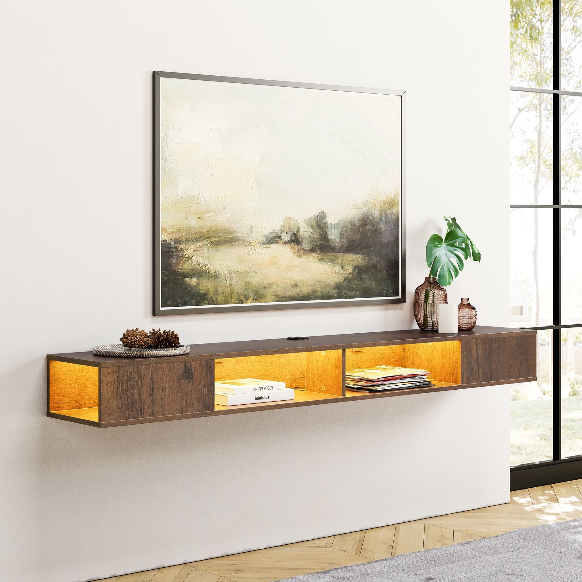 WAMPAT 70 inch Floating TV Stand Wall Mounted with Yellow Light, Brown FLoating Entertainment Center TV Shelf for Living Room