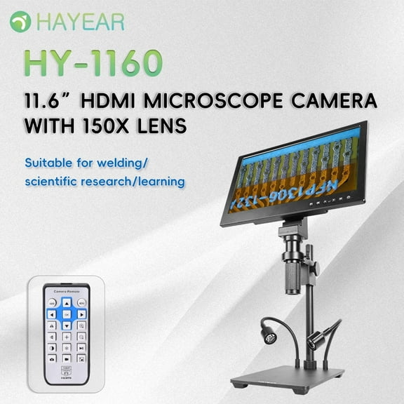 Hayear 26MP 11.6 Inch 1080P FHD CMOS Sensor HD USB HDMI Digital Microscope Camera with 150X Lens and Stand for education, scientific research, laboratory, PCB repair