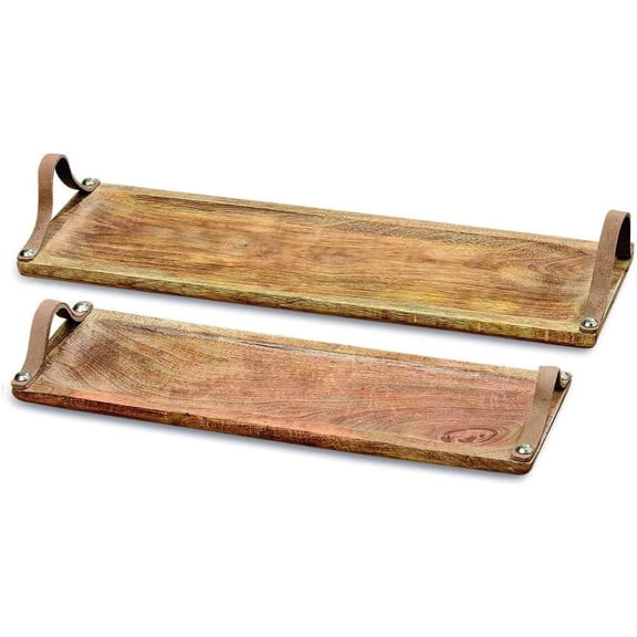 Farmer's Market Serving Board Trays, Brown Leather Handles, Food Safe, Rectangle Shape, Sustainable Mango Wood, Metal, Rustic Design,18 and 15 Inches Long