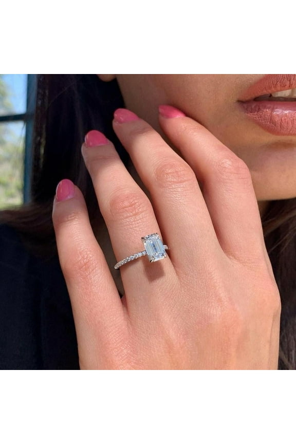 2.50CT Emerald Brilliant Cut Moissanite Solitaire Accent Pave Engagement Ring for Gift in 10K White Gold, Ring Size 4