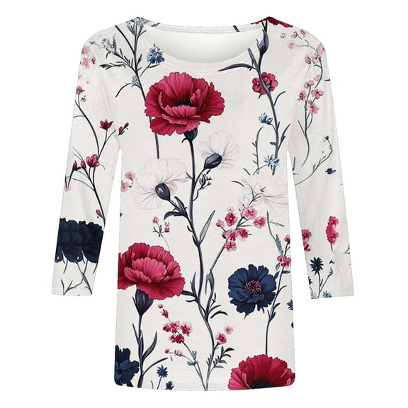 CYMMPU Tunic Tops 3/4 Sleeve Spring Tops Round Neck Floral Pattern Summer Trendy Shirts Blouses for Women Dressy Casual Loose Fit Lightweight Basic Tees White M