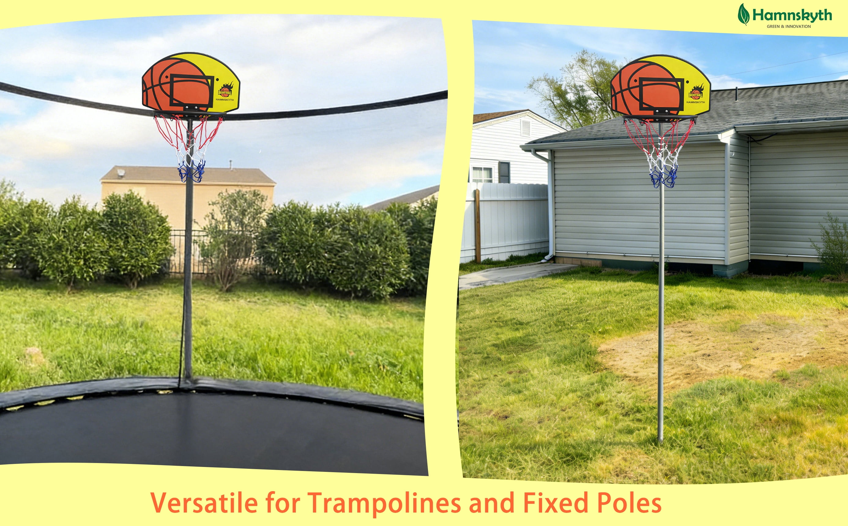 Hamnskyth Trampoline Basketball Hoop, Fits Most Straight & Curved Poles, Stainless Steel Angle-Adjustable Base, Includes Mini Basketball & Pump