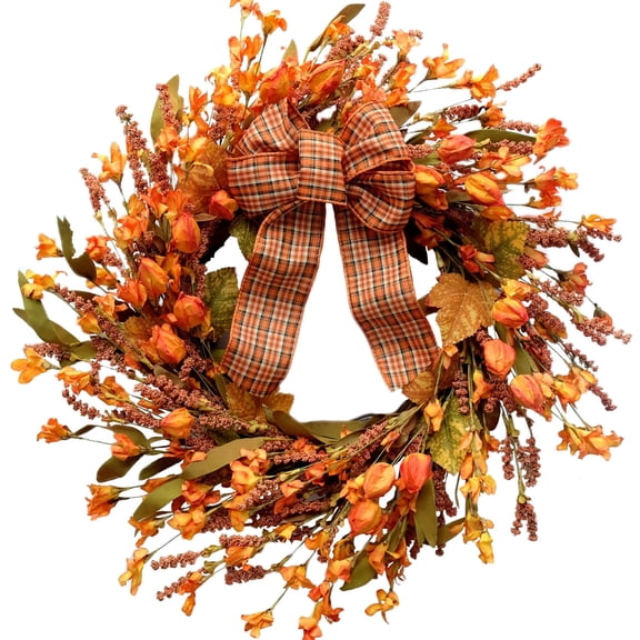Idyllic 18" Fall Forsythia Wreath for Front Door, Orange with Plaid Bow