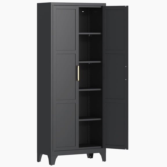 Topass Freestanding Pantry Storage Cabinet, 2-Door, 5-Shelf, Black, 70.87" Tall
