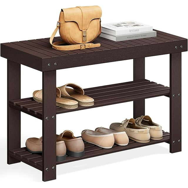 SONGMICS Banco Zapatero, Organizador para Zapatos de Bambú, 28.7 x 70.1 x 45.3 cm, para Sala de Estar, Dormitorio, Marrón