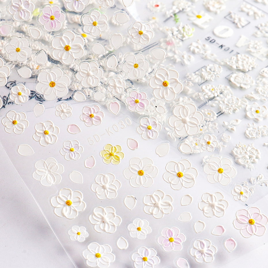 Flower Nail Art Sticker Decals 5D Exquisite Hollow Pattern Nail Art Supplies Self-Adhesive Embossed Nail Art Decoration White Feather Lace Flower Leaf Design DIY Acrylic Nail Art 3 Sheet
