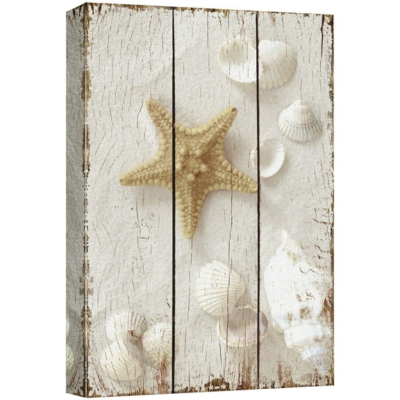 wall26 Canvas Print Wall Art Brown Starfish & White Seashells on Wood Panels Nature Wilderness Digital Art Realism Chic Colorful Multicolor Ultra for Living Room, Bedroom, Office - 16"x24&qu