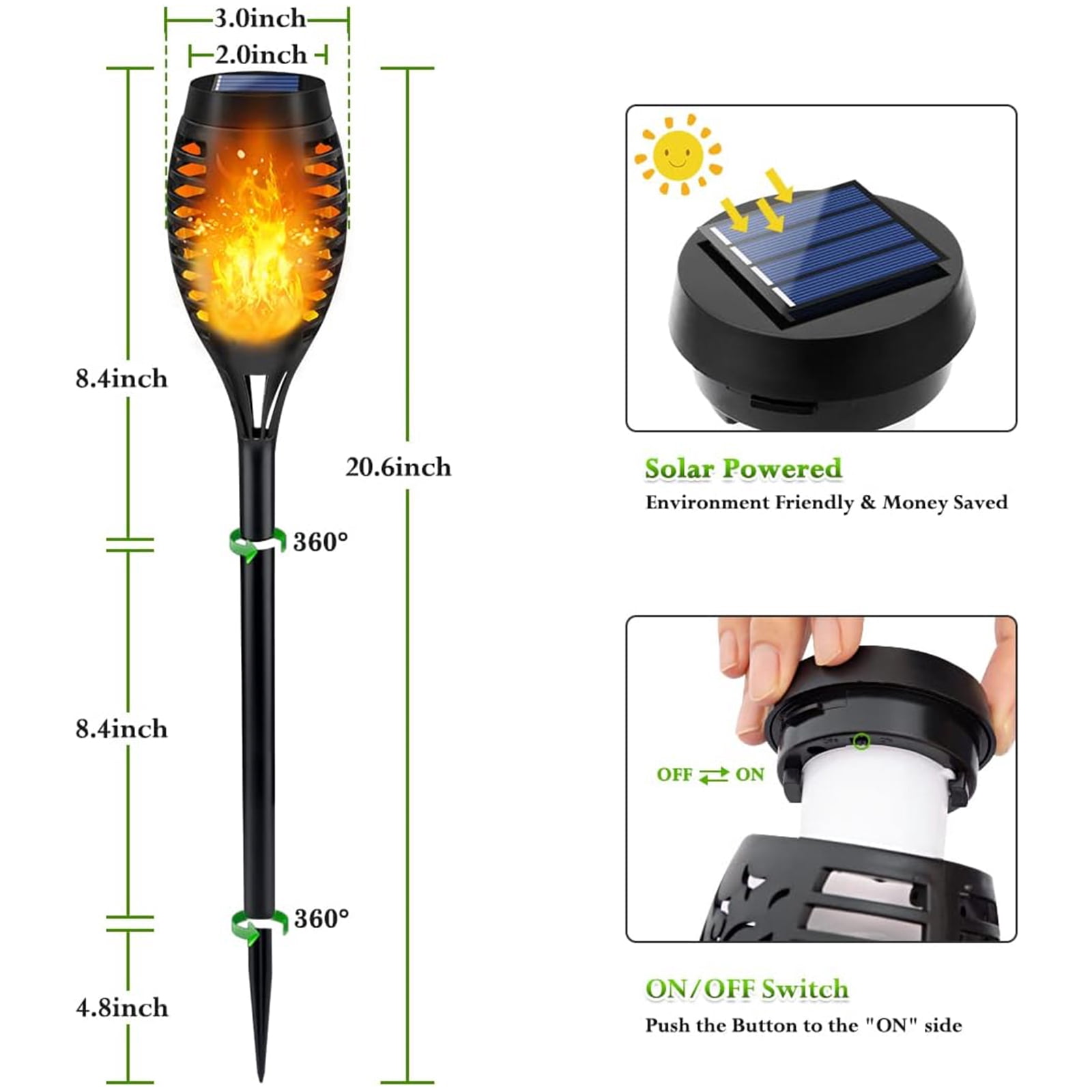 Ele-mall2024 Solar Tiki Torches, Flickering Flame & Waterproof, Solar Powered, 12-Pack