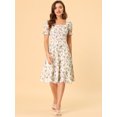 thumbnail image 3 of Vestido Evasé Con Cuello Cuadrado Y Fruncido A Media Pierna Con Estampado Floral Para Mujer Beige XS, 3 of 6