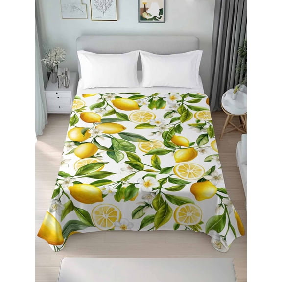 Lemon Yellow King Size Flat Sheet, Wrinkleproof & Fadeproof Cooling Flat Bed Sheet Only, Country Watercolor Floral Leaf Green White Breathable Soft Bedding Top Sheets 105 x 98 Inches