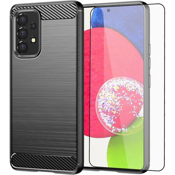 REQO Phone Case for Samsung Galaxy A53 5G 2022 with Tempered Glass Screen Protector Cover and Slim Cell Accessories Protective Gaxaly A53 G5 Galaxies 53A SM A536U Women Men Carbon Fiber Black