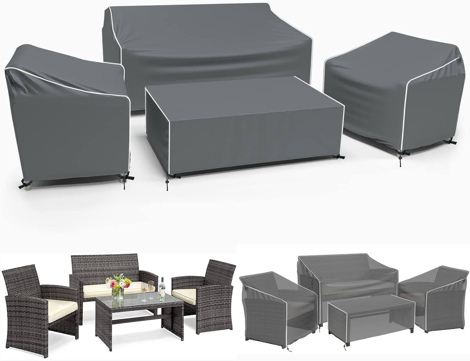 4 Piece Waterproof Outdoor Patio Furniture Covers Set Heavy Duty 600D Protection for Coffee Table Chair Loveseat Black