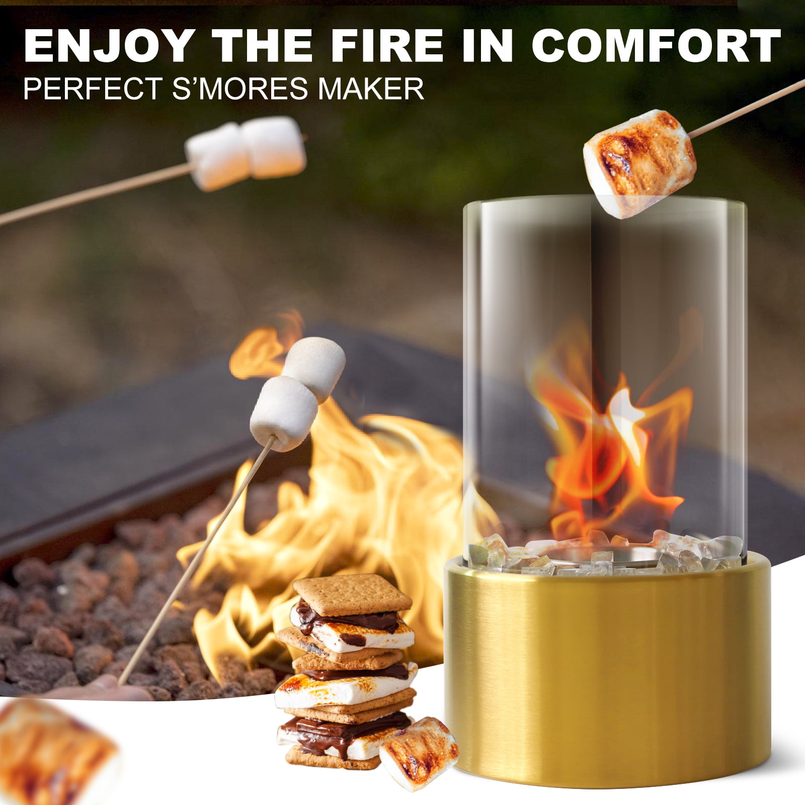 Tabletop Fire Pit-Safer Burning with Windproof Borosilicate Glass Metal Round Fireplace,Home Decor, Gift for Houswarmings, Parties and Weddings-Gold