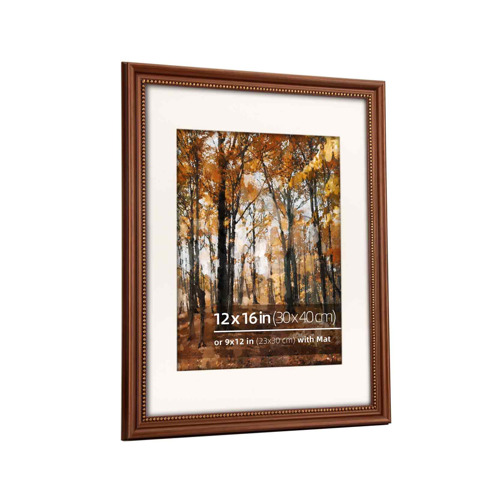 12x16 in Wood Classic Gallery Poster Picture Frame, Gold Ornate Beaded Inner, Matted for 9x12 Photo, Multiple Way Display, Brushed Brown Brass