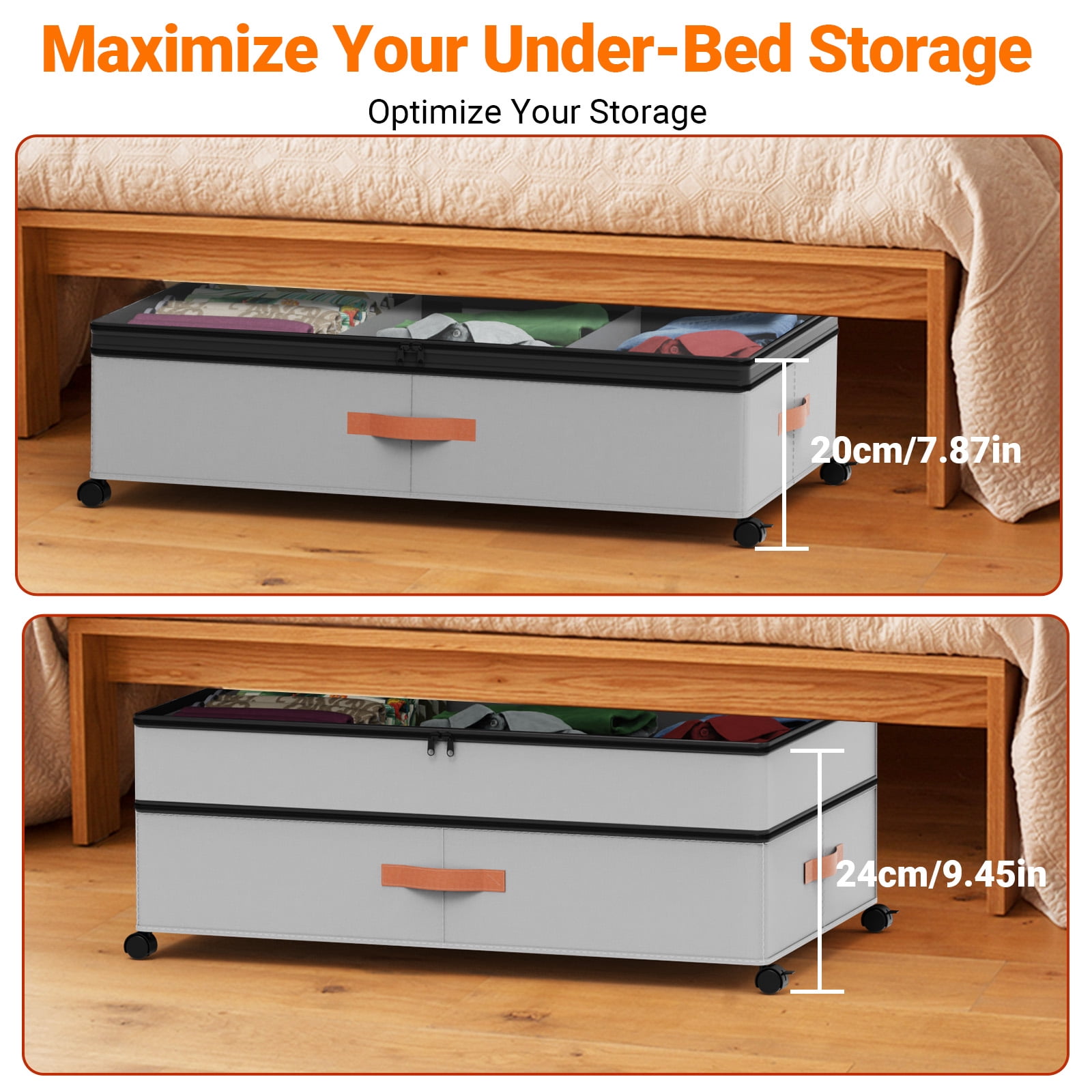 LIZEVINC 2-Pack Large Under Bed Storage with Wheels and Lids – Adjustable Height Rolling Storage Bins with Dividers, Space-Saving Underbed Organizer for Clothes, Shoes, Blankets（Gray）