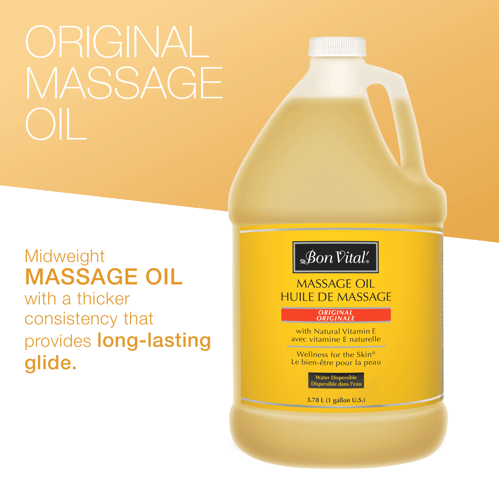 Bon Vital' Original Massage Oil, 1 Gallon Unscented Professional Massage Oil with Natural Oils & Vitamins, Water-Dispersible, No Nut Oils, Smooth Glide for All Massage Modalities
