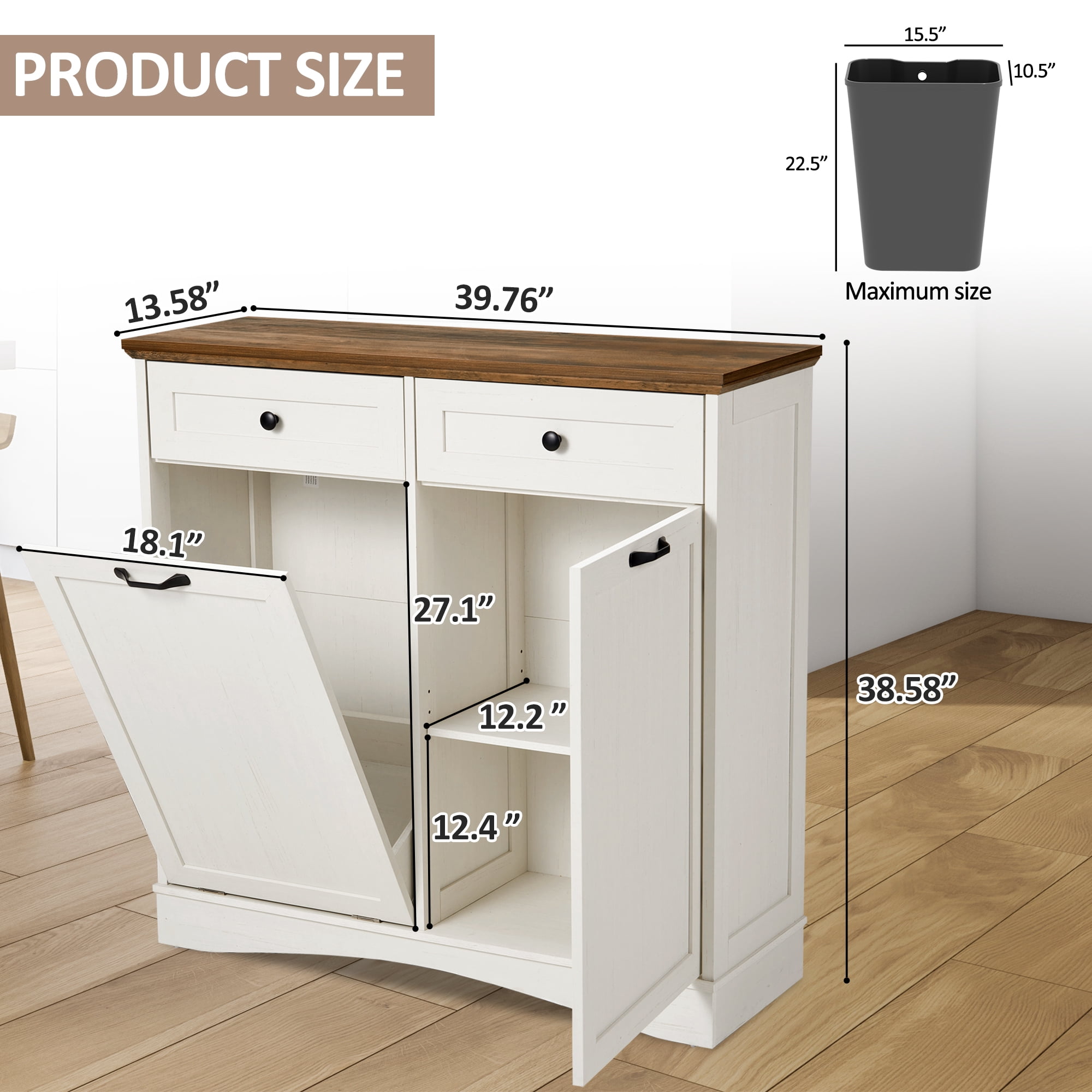 HARIPUL 13 Gallon Tilt Out Trash Cabinet Waste Bins Hidden Trash Bin with Drawer & Adjustable Shelf & for Kitchen, Antique White