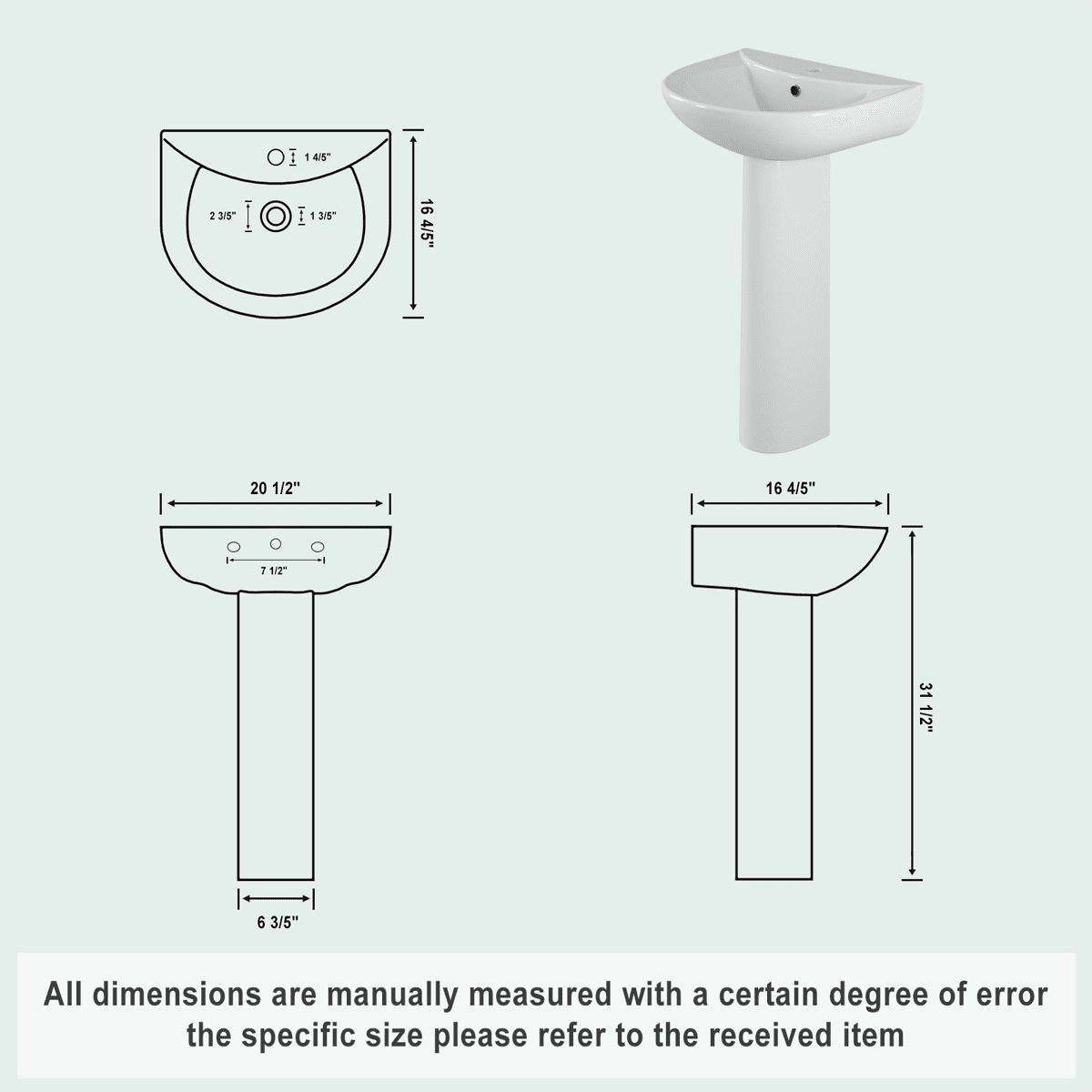Faitaliicy 20" X 17" Pedestal Bathroom Sink Modern U-Shape Ceramic Pedestal Sink Compact White Pedestal Sink With Overflow And Single Faucet Hole