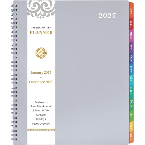 2027 Monthly Planner - 2027 Planner, JAN. 2027 - Dec. 2027, 8.5" x 11" | Monthly Planner/Calendar, 12-Month Planner with Tabs & Pocket & Label, Passwords, Thick Paper, -Wire Binding - Grey