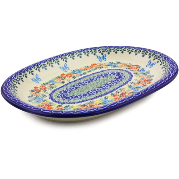 Polish Pottery 11½-inch Oval Platter (Red Cornflower And Blue Butterflies Theme) Signature UNIKAT Hand Painted Certificate of Authenticity