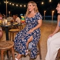 thumbnail image 3 of GRACE & GRANDEUR Women's Plus Size Floral Dress Tie Square Neck Smocked Waist Short Sleeve Side Slit Beach A Line Maxi Dresses 1X Navy Blue, 3 of 8