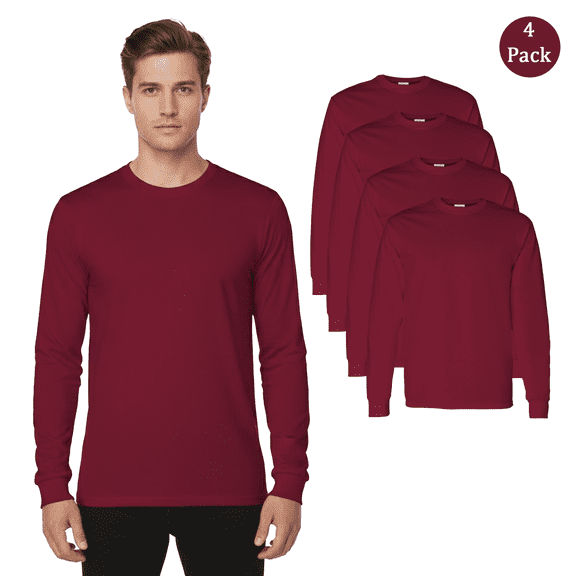 Gildan Mens Heavy Cotton Long Sleeve T-Shirt, Classic Fit Casual Cardinal Red Color Tee, 4-Pack, S