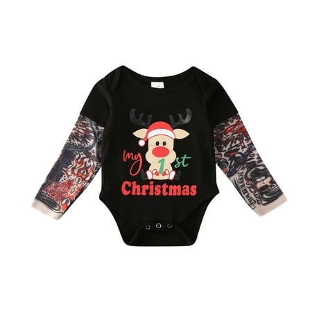 

Binpure Baby Boy Jumpsuit Christmas Print Tattoo Flower Arm Stitching Romper