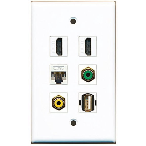 RiteAV - 2 HDMI 1 Port RCA Yellow 1 Port RCA Green 1 Port USB A-A 1 Port Cat5e Ethernet White Wall Plate