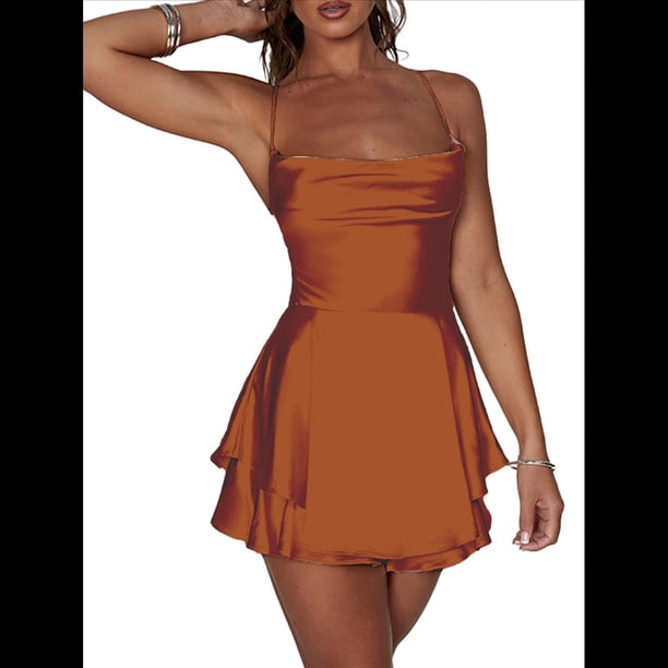 Mono Elegante de Satén para Mujer, de Verano, Sin Mangas, con Espalda Descubierta, Tirantes Finos y . Marrón Oscuro S