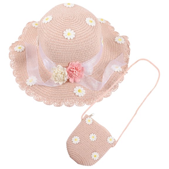 GOOHOCHY Kids Sun Hat 2Pcs Lightweight Breathable Straw Beach Hat with Daisy Pattern for Boys and Girls