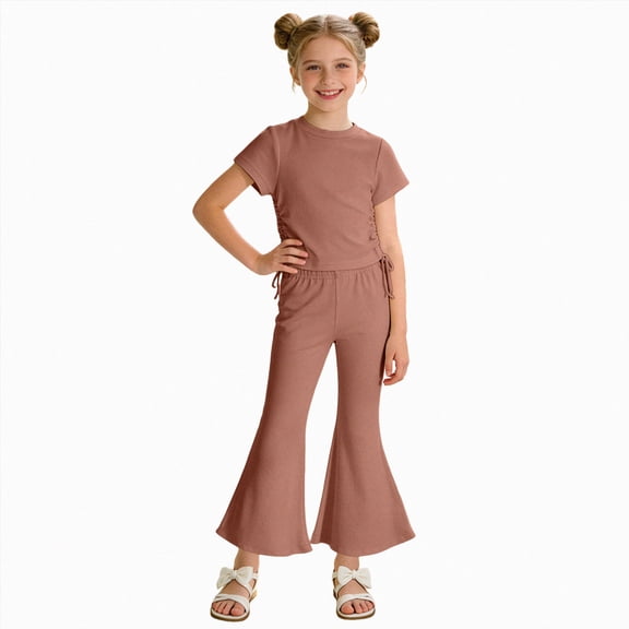 JUMEYU Summer Outfits for Girls Girls Clothes Little Girl Outfits Short Sleeve Tops & Cargo Pants 2pcs Girls Clothing Size 7-8 (Coffee,7-8 Years)
