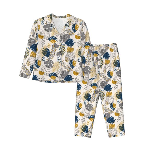 Gukieu Hawaiian Style Print Women's Long Sleeve Pajama Set, Button Top Elastic Pocket Pajama Pants Two Piece Set Home Wear-XX-Large