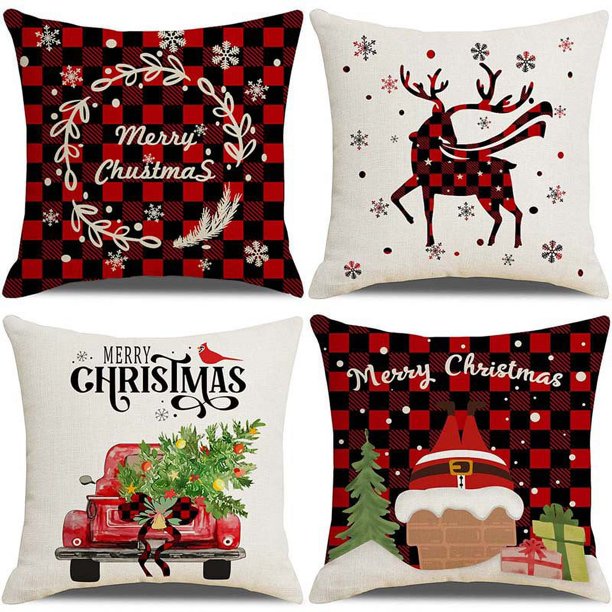 Fundas de Almohada navideñas con Doble Cara Impresa Decoración navideña Decoraciones navideñas de Invierno(C)(4 piezas)
