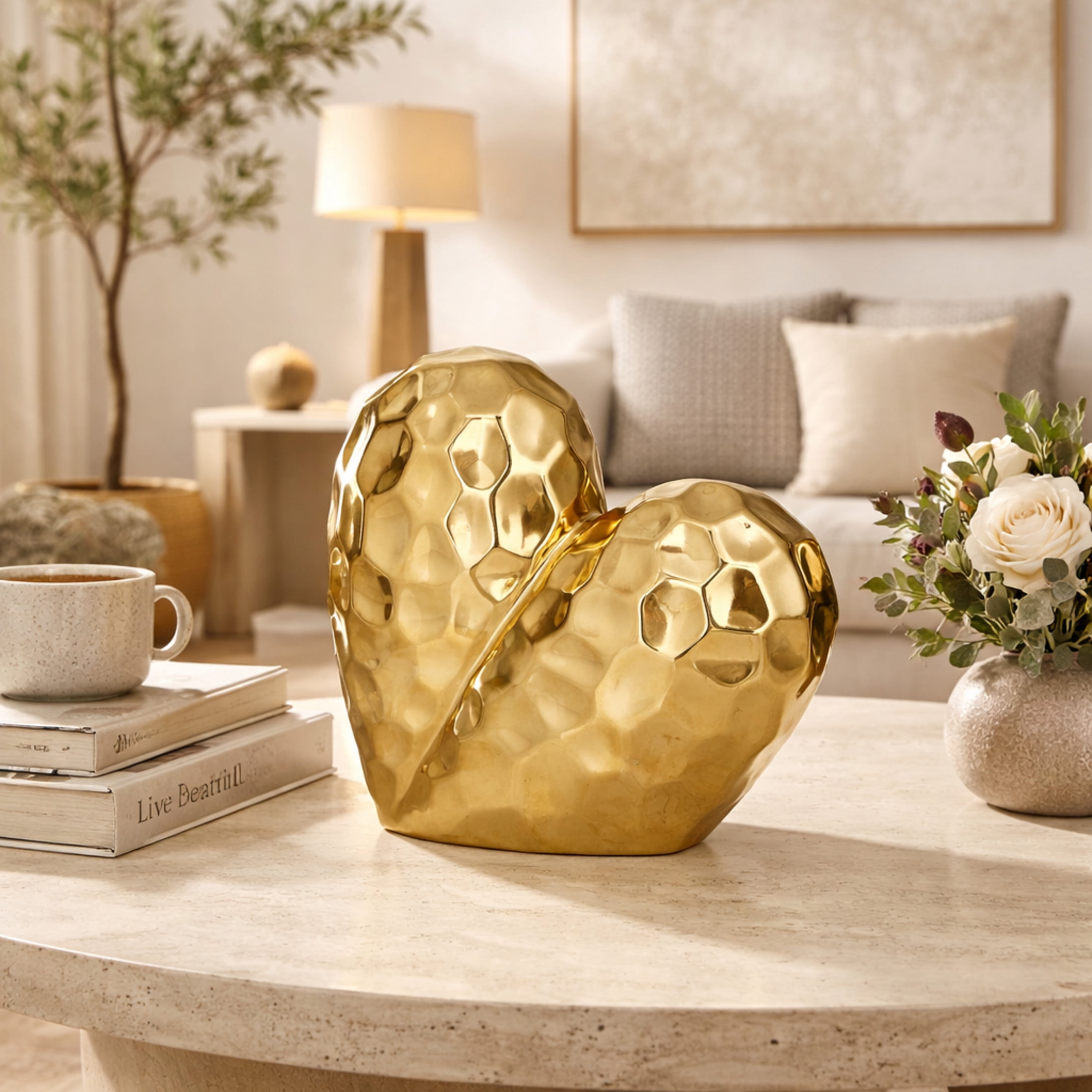 12" x 11" Gold Porcelain Ceramic Dimensional Origami Inspired Angled Heart Sculpture with Faceted Exterior, by DecMode