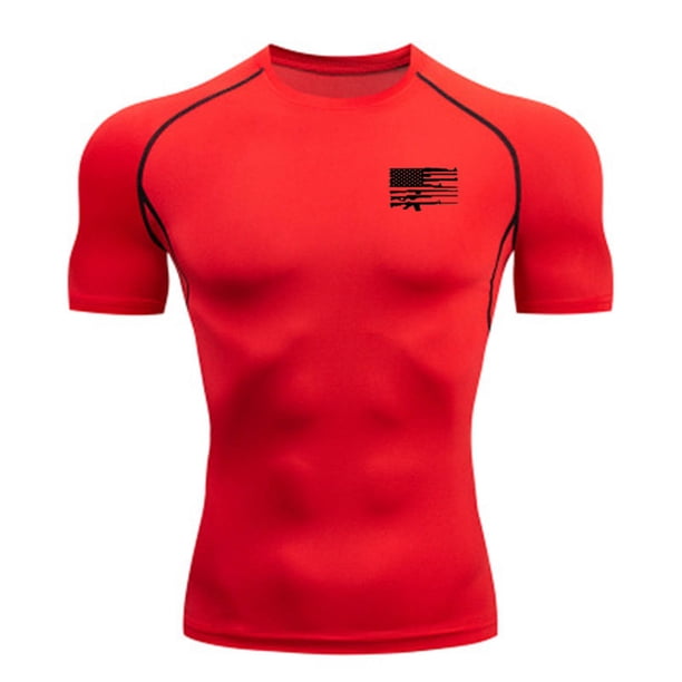 Ceisia Men's Tactical Flag Compression T-shirt Slim Fit Short Sleeve Round Neck High Elastic Fitness Running Tee Tops Red M Gifts