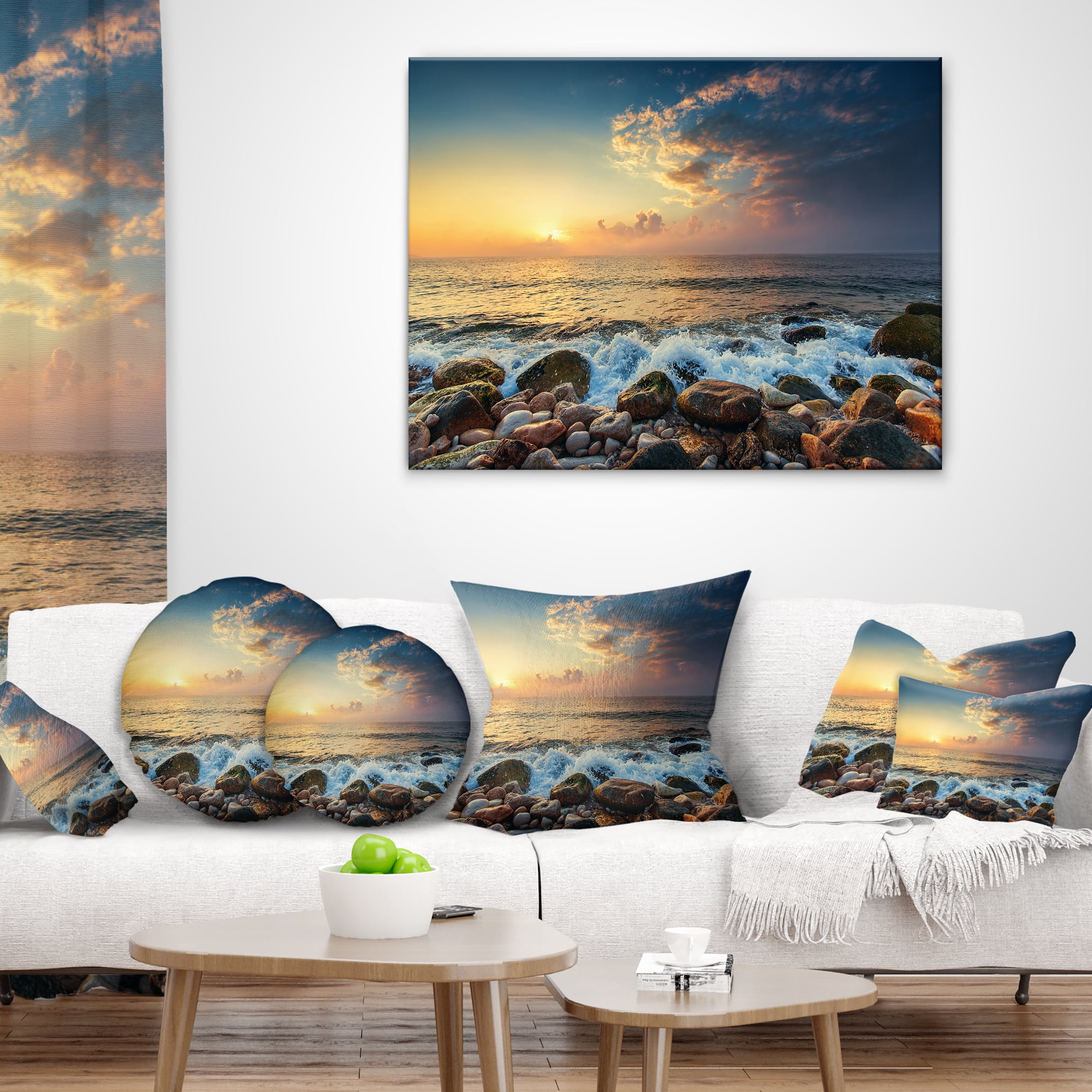 Designart Sunrise and Shining Waves in Sea - Seashore Throw Pillow - 16x16